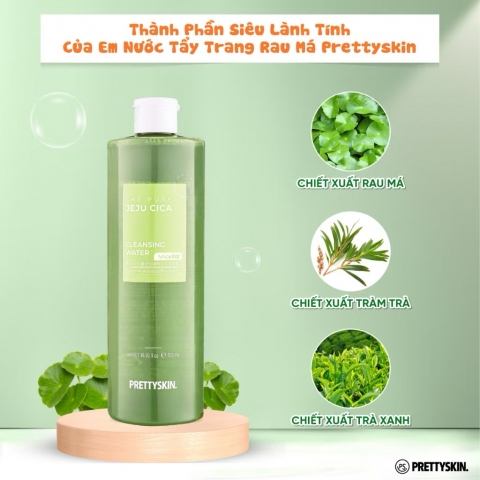 Nước Tẩy Trang Rau Má Cho Da Dầu Da Mụn An Toàn Lành Tính Cho Da PRETTYSKIN 500ml Jeju Cica Hàn Quốc