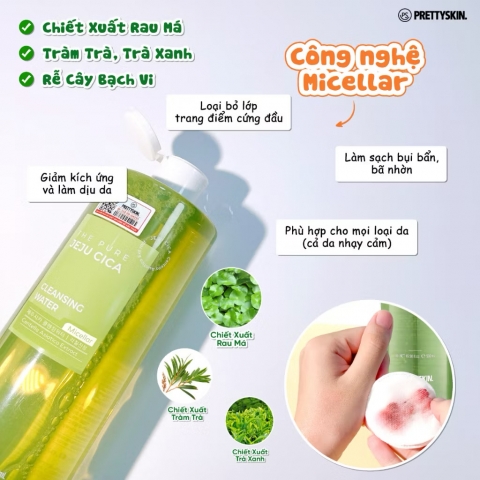 Nước Tẩy Trang Rau Má Cho Da Dầu Da Mụn An Toàn Lành Tính Cho Da PRETTYSKIN 500ml Jeju Cica Hàn Quốc